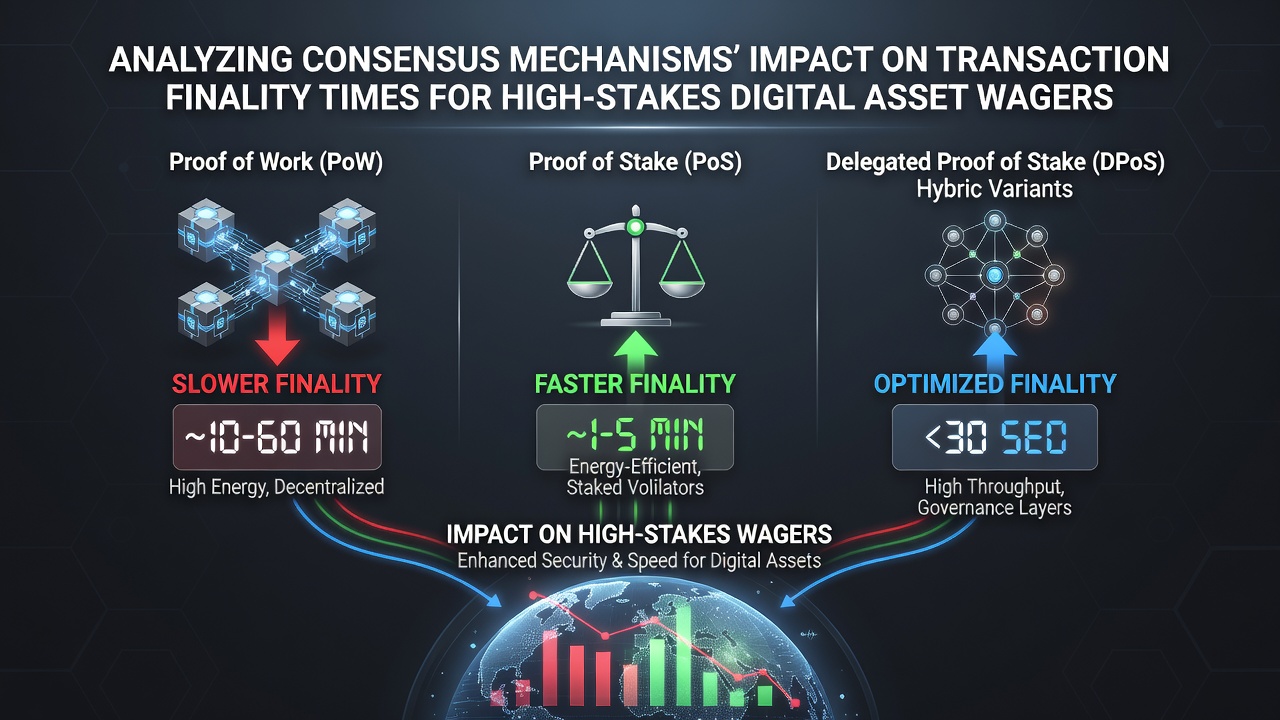 Diagramme veranschaulichen Konsensmechanismen und Finalitätszeiten in Blockchain-Netzwerken für digitale Wetttransaktionen
