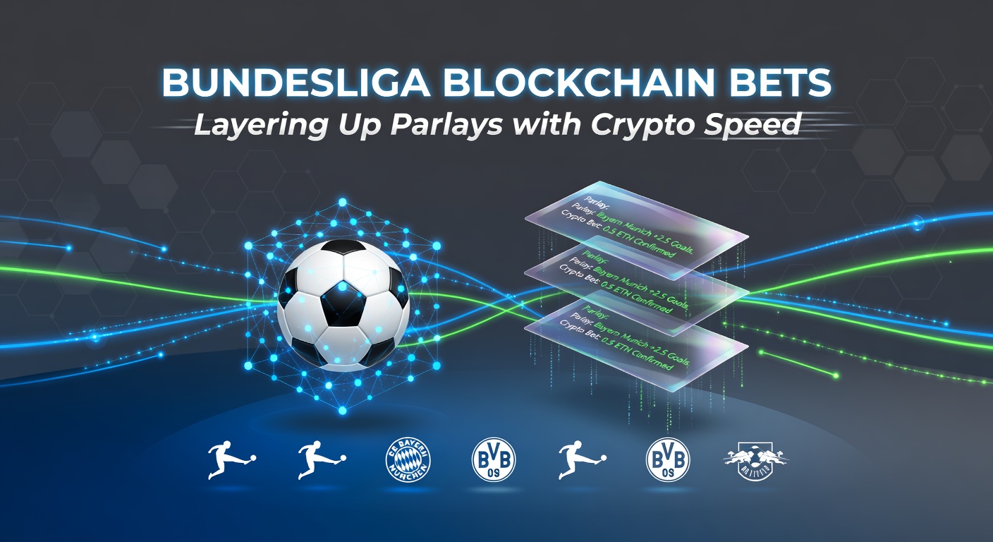 Dynamisches Bundesliga-Stadion bei Nacht mit überlagerten Blockchain-Ketten und Krypto-Symbolen, die schnelle Transaktionen symbolisieren