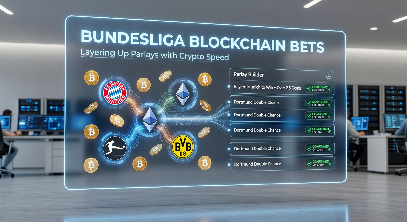 Grafik eines aufgeschichteten Parlay-Wett-Schemas mit Bundesliga-Teams, Krypto-Transaktionspfeilen und Geschwindigkeitsindikatoren für Blockchain-Übertragungen