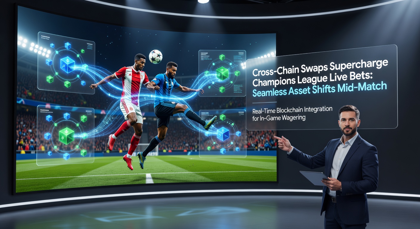 Grafik zeigt Cross-Chain-Swap in Aktion während eines Champions-League-Matches mit fließenden Asset-Übertragungen zwischen Blockchains