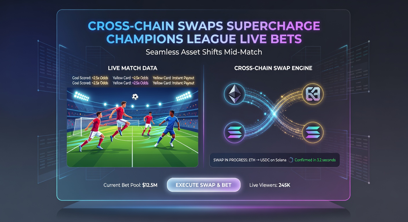 Beispiel für ein Livewetten-Dashboard mit Cross-Chain-Swap-Optionen während eines Champions-League-Quartierfinales