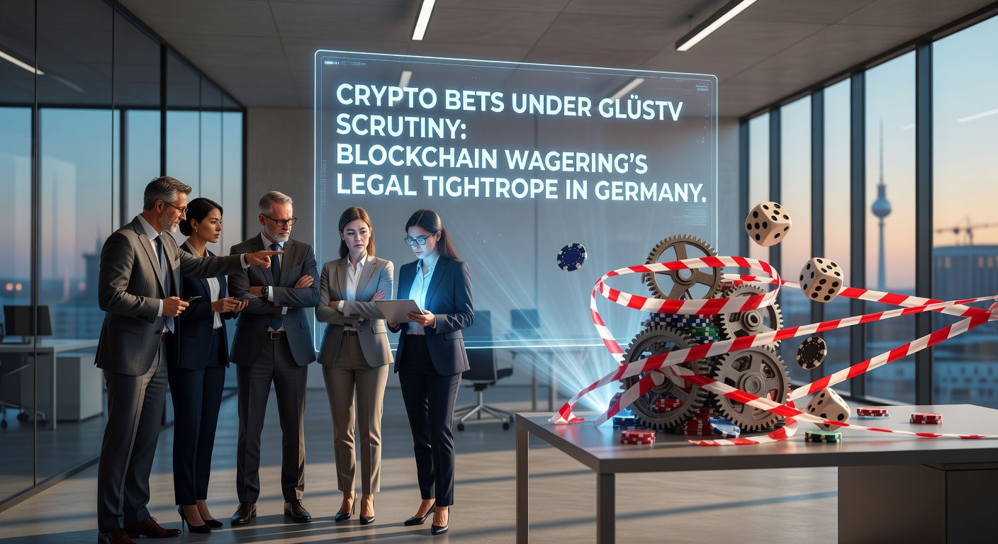 Grafik zur rechtlichen Unsicherheit von Krypto-Wetten unter dem deutschen Glücksspielstaatsvertrag mit Waage und Blockchain-Ketten