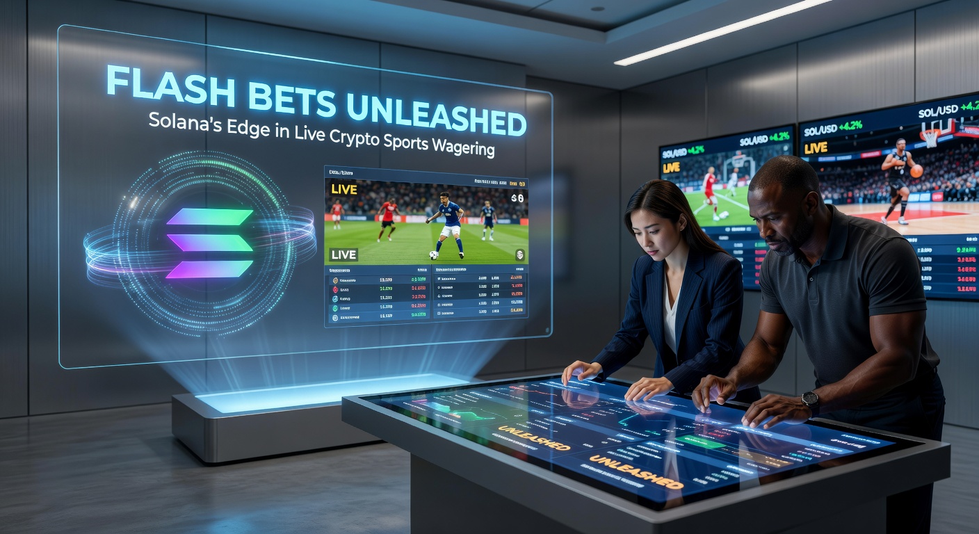 Grafik zeigt ultraschnelle Transaktionen auf Solana-Blockchain während eines Live-Fußballspiels mit Flash-Bets-Überlagerung