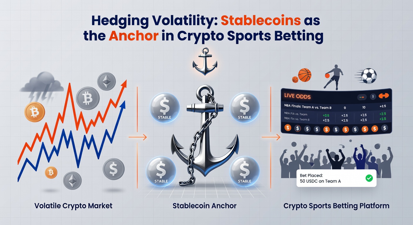 Darstellung eines Traders, der Stablecoins nutzt, um Volatilität in Sportwetten zu hedge, mit Charts und Wett-Tickets