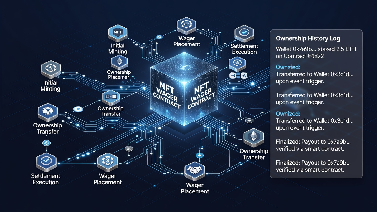 Darstellung der Blockchain-Transaktionshistorie bei NFT-Eigentumsübertragungen in Wettprotokollen