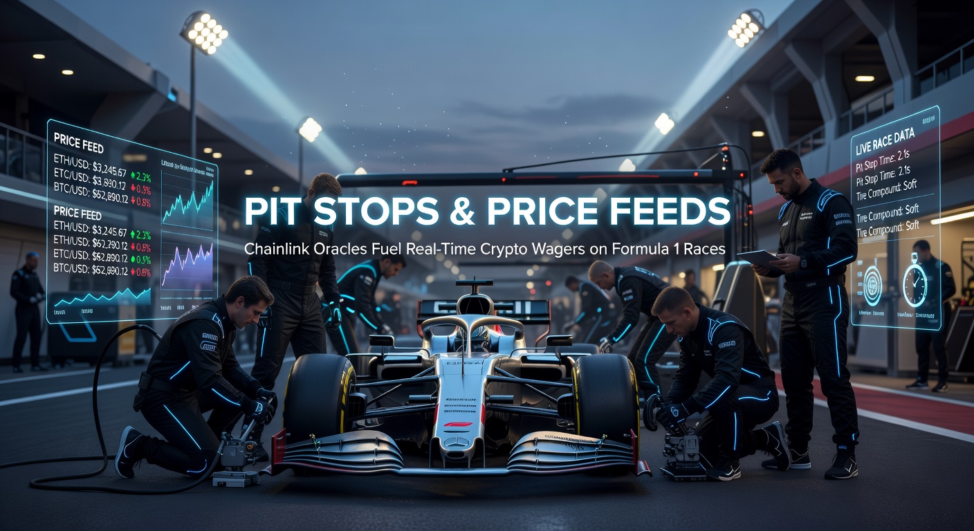 Dramatischer Pit Stop bei einem Formel-1-Rennen, wo Mechaniker mit Hochgeschwindigkeit an einem Auto arbeiten, während Chainlink-Oracle-Daten im Hintergrund für Wetten fließen