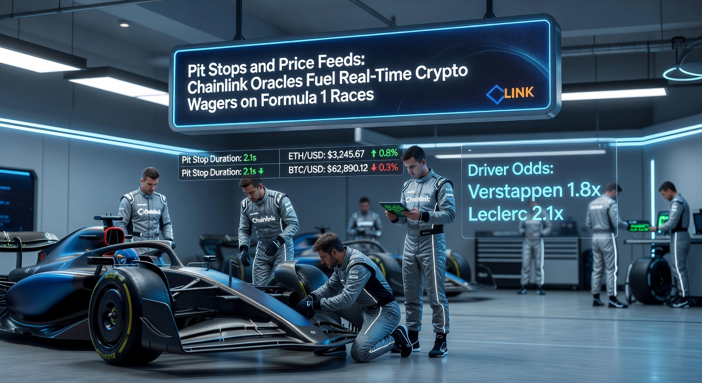 Chainlink-Oracle-Dashboard mit live Formel-1-Pit-Stop-Daten und Krypto-Preis-Feeds, die für Wetten synchronisiert werden